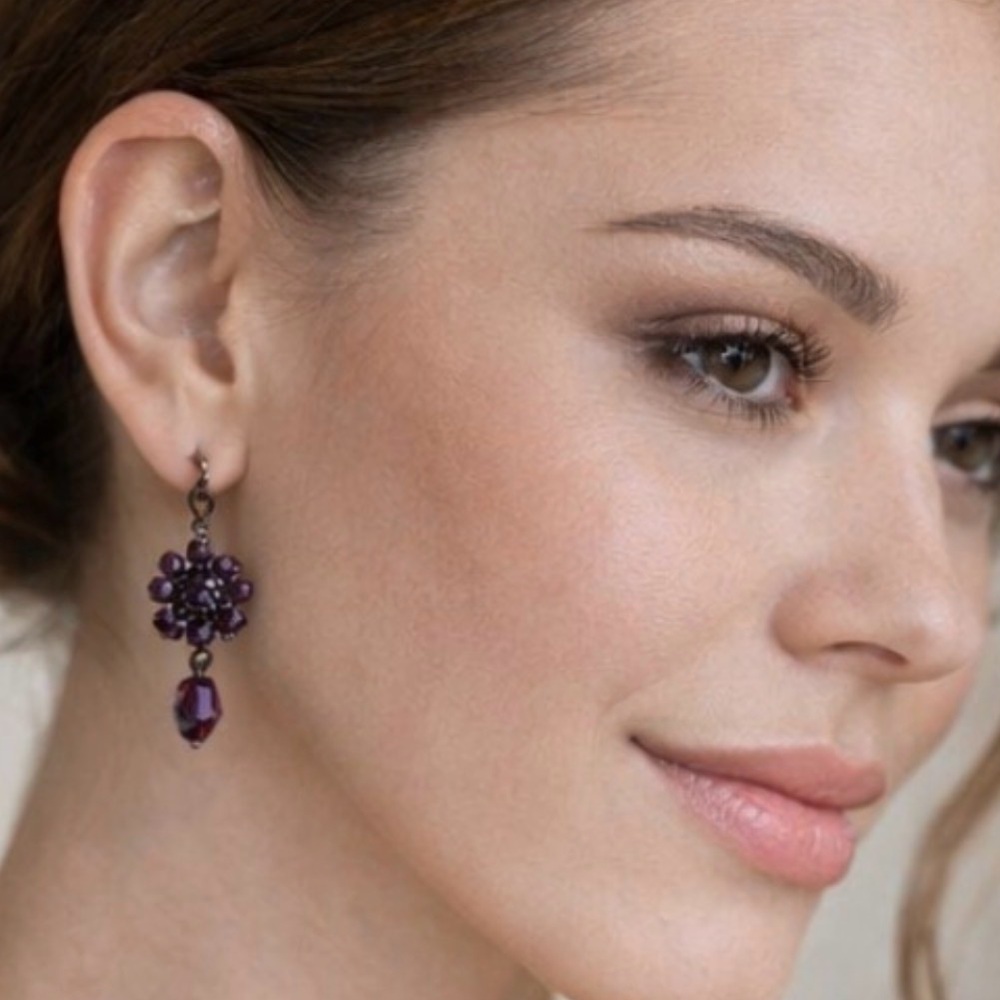 Deep Amethyst Crystal Flower Drop Earrings |